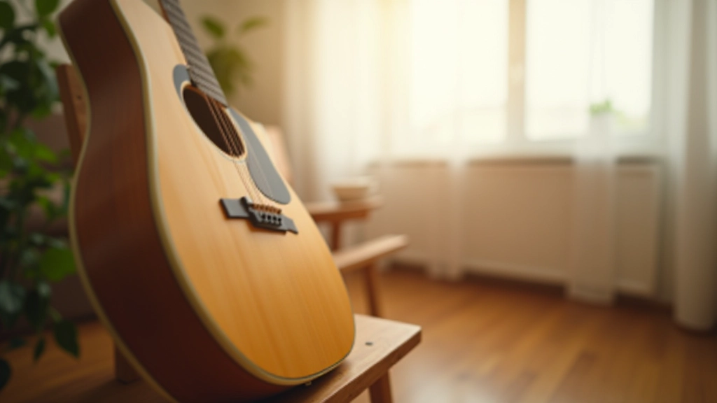 Acoustic guitar resting against a wooden stool in a bright living room with natural window light