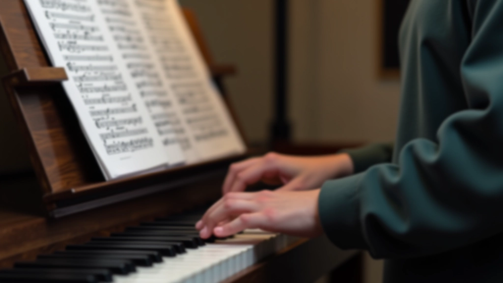 Adult hands on piano keys during a lesson with sheet music visible in the background