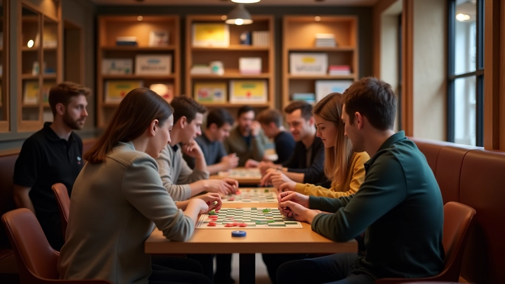 Board game café scene with various table games, players engaged, warm wooden tables, and shelves of games in background