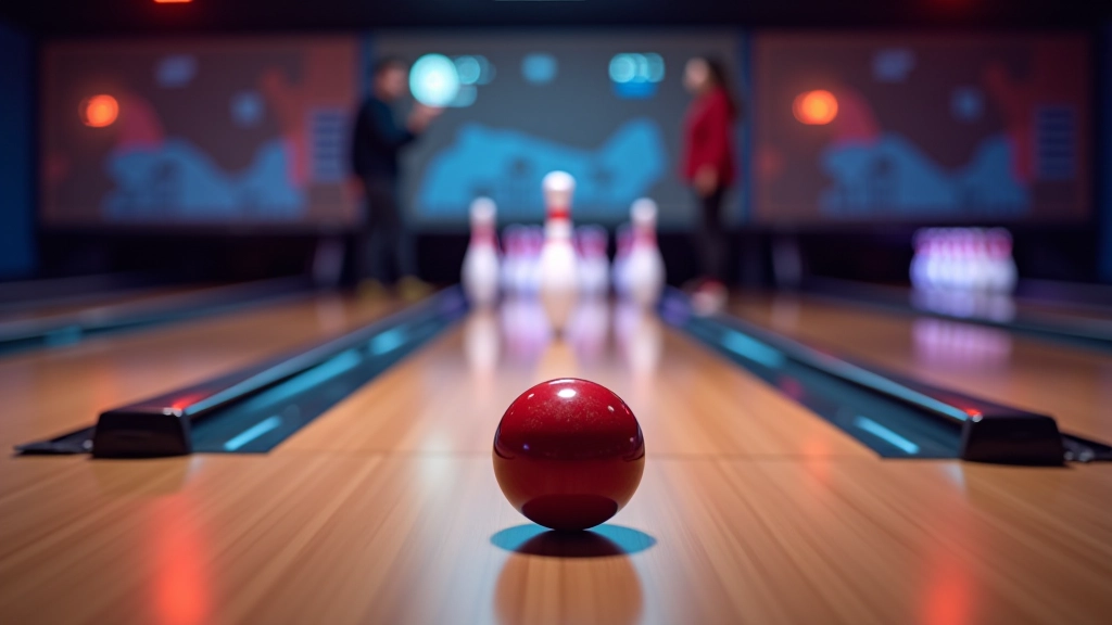 Bowling alley with multiple lanes, pins, and ambient lighting, people playing in background