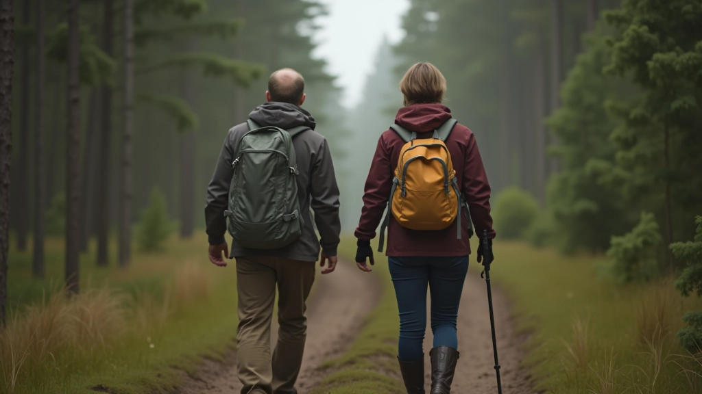 Couple hiking on forest trail with trees and natural landscape