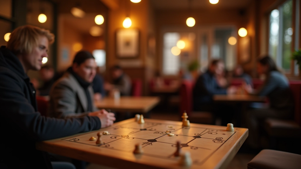 Cozy indoor café space with warm lighting, board games on tables, and comfortable seating arrangements