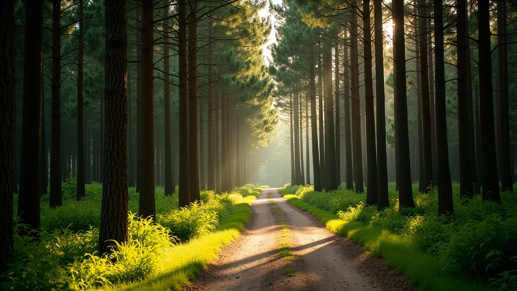 Forest path with dappled sunlight filtering through pine trees near Rīga region