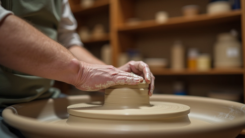 Hands shaping clay on pottery wheel in workshop with wooden shelves of supplies