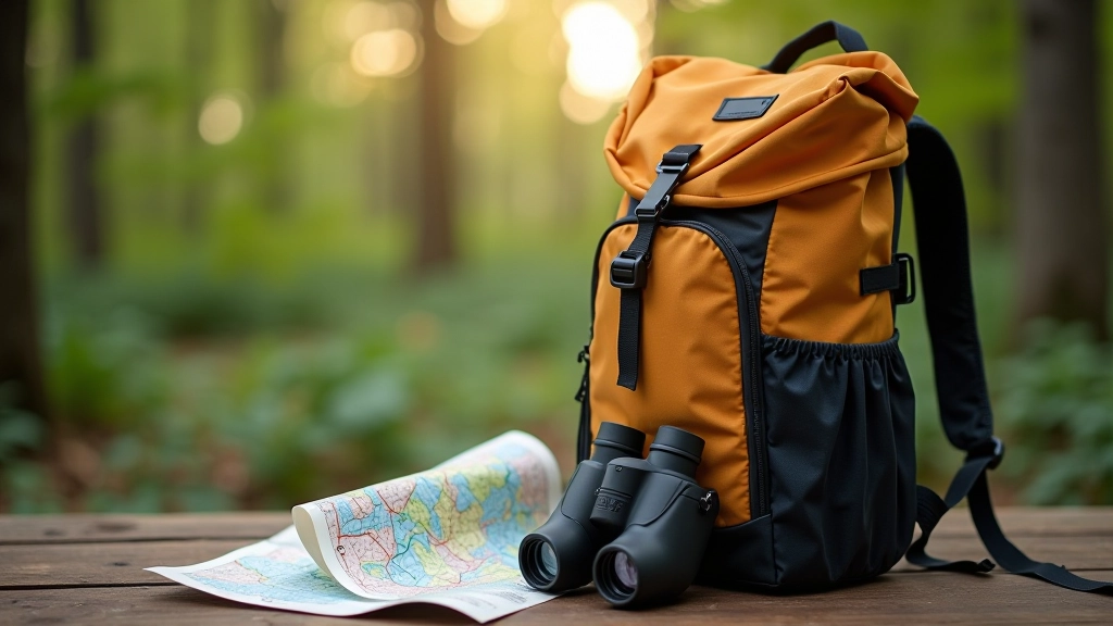Packed hiking backpack with gear, map, and binoculars on wooden table