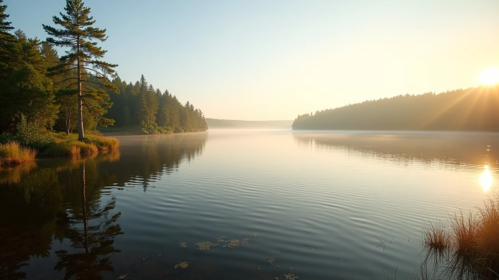 Panoramic view of expansive lake with forested shoreline and clear sky