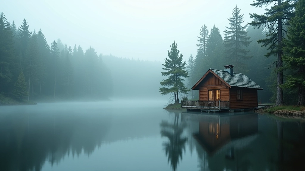 Calm lake with traditional wooden house and pine forest reflecting in still water