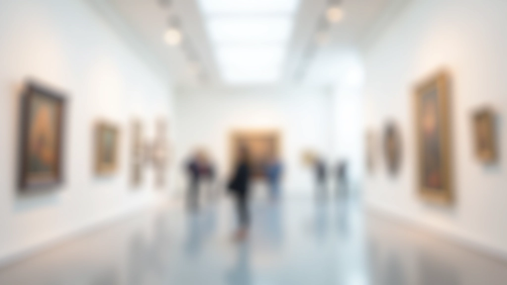 Museum gallery space with modern artwork on white walls, natural lighting, and minimal visitor crowd