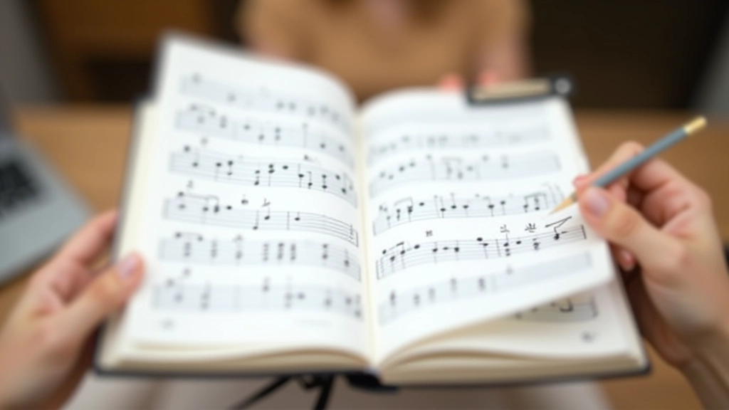 Open music lesson notebook with handwritten notes and chord diagrams on a desk with pencil