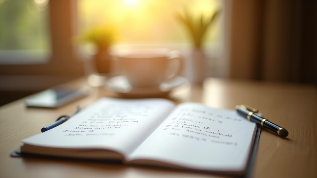 Notebook and pen on wooden desk with coffee cup and warm natural lighting