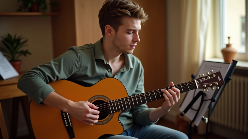 Person playing acoustic guitar in bright studio setting