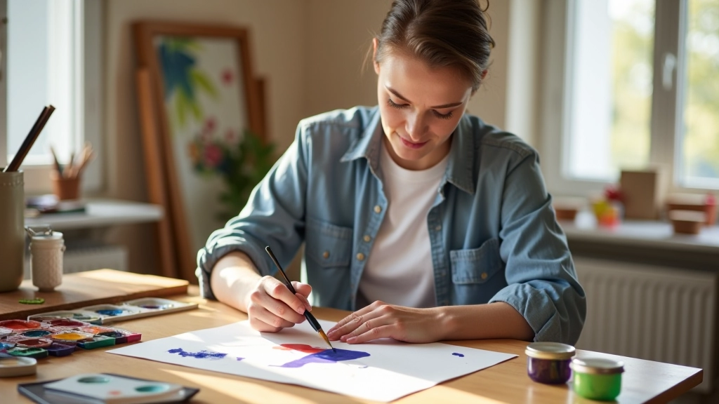 Person painting watercolor artwork at a table with colorful supplies