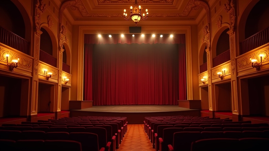 Cultural performance space with ornate interior, stage lighting, and architectural details