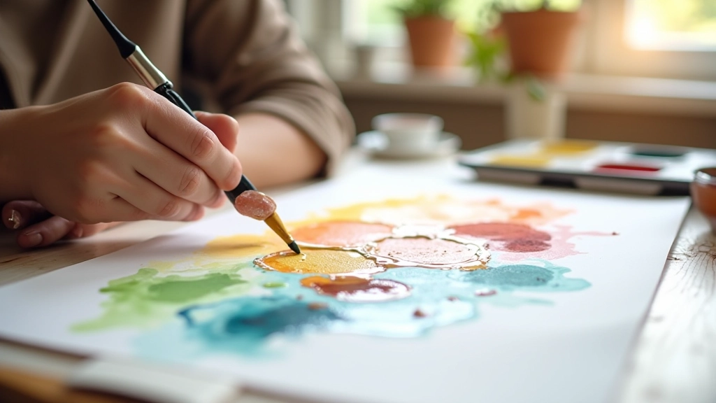 Watercolor palette with vibrant pigments and paintbrush on white paper with wet washes